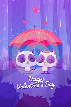 Cute pandas under umbrella in the rain. Vector