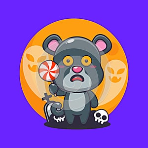 Cute panther scared by ghost in halloween day. Cute halloween cartoon illustration.