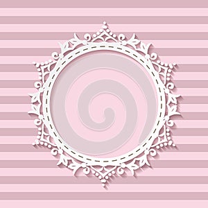 Cute paper cut photo frame for baby girl on striped seamless background in pastel pink colors. Can be used for baby shower,