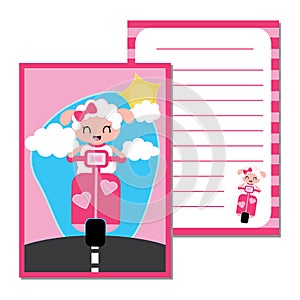 Cute paper note with cute sheep girl on motorcycle cartoon illustration for kid paper design