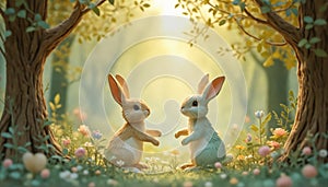 Cute illustration of two easter bunnys in a forest