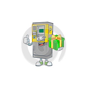 Cute parking ticket machine character holding a gift box