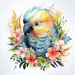 Cute parrot with flowers. Watercolor illustration isolated on white background.