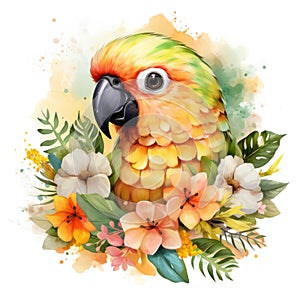 Cute parrot with flowers. Watercolor illustration isolated on white background.