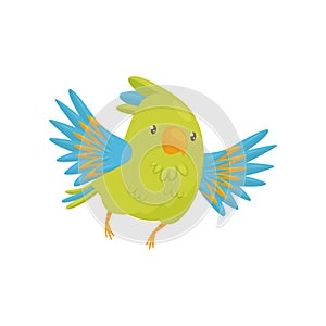 Cute parrot in flying action. Cartoon character of bird with bright green and blue feathers. Flat vector icon