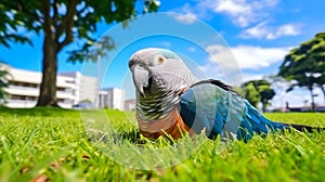cute parrot lying on grass
