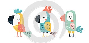 Cute parrots in a childish scandinavian style. Funny kids vector illustration, isolated on white.