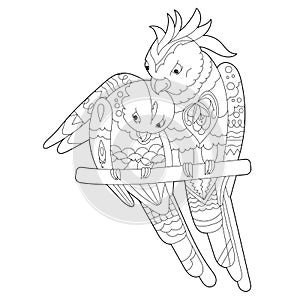 Cute parrots. Doodle style, black and white background. Funny birds, coloring book pages. Hand drawn illustration in zentangle