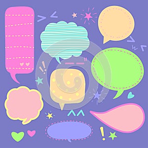 Cute pastel color speech bubble tags, text boxes cartoon design,vector illustration. Badge chat frame flat style for promotion or