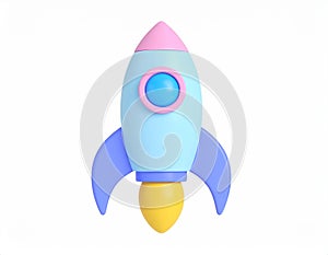 Cute pastel colored rocket ship 3D render on transparent background