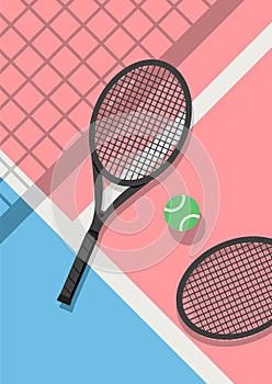 Cute pastel colors concept tennis rackets and tennis balls on court floor