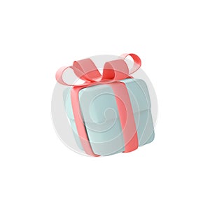 Cute pastel gift box. 3D render holiday surprise box. Flying blue box with pink ribbon.