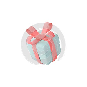 Cute pastel gift box. 3D render holiday surprise box. Flying blue box with pink ribbon.