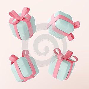 Cute pastel gift boxes different angles set. 3D holiday surprise boxes.