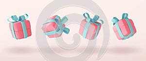 Cute pastel gift boxes different angles set. 3D holiday surprise boxes.