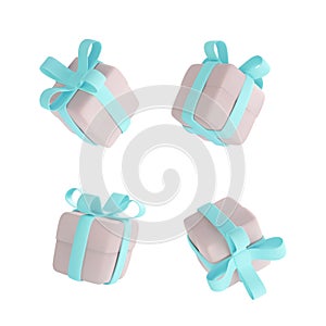 Cute pastel gift boxes different angles set. 3D holiday surprise boxes.