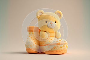 Cute pastel lemon colored baby booties with teddy bear face