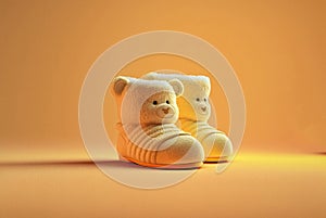 Cute pastel lemon colored baby booties with teddy bear face