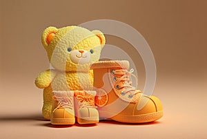 Cute pastel lemon orange colored baby booties with teddy bear face