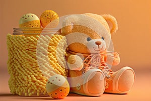 Cute pastel lemon orange colored baby booties with teddy bear face