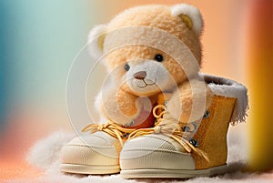 Cute pastel lemon orange colored baby booties with teddy bear face