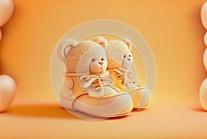 Cute pastel lemon orange colored baby booties with teddy bear face