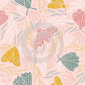 Cute pastel moth and plants seamless pattern.