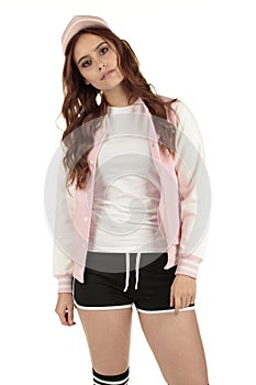 Cute pastel pink retro sporting fashion model wearing a blank white shirt to display your design