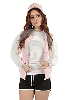 Cute pastel pink retro sporting fashion model wearing a blank white shirt to display your design