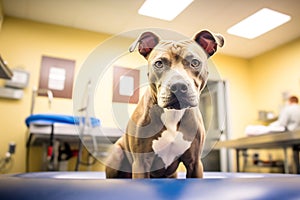 Cute patient. A vet in work uniform holding a beautiful little dog which is sitting on the table and looking at the