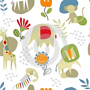 Cute pattern with African animals. Savannah animals. Vector seamless background with cartoon animals.