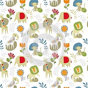 Cute pattern with African animals. Savannah animals. Vector seamless background with cartoon animals.