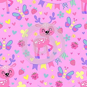 Cute pattern with animals. Baby deer, butterfly and flowers cartoon illustration. Vector seamless pink pattern for