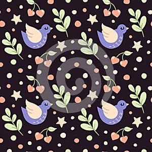 cute pattern with birds, dots, branches, cherries, hearts and stars.