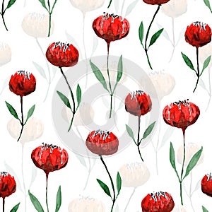 Cute pattern with bright red watercolor poppies