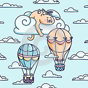 Cute pattern with fluffy angel cat on cloud. Seamless pattern for children room. illustration of kitty with air balloon