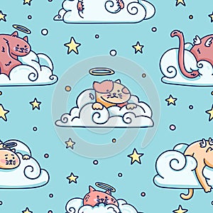 Cute pattern with fluffy angel cat on cloud. Seamless pattern for children room. Illustration of kitty in sky for