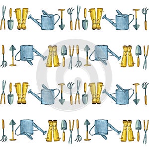 Cute pattern with garden tools - watering can, rubber boots, shovel, rake, pruner. Watercolor illustration.