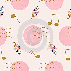 Cute pattern with geometric elements, music notes and colorful leaves