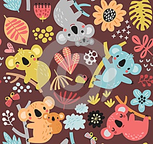 Cute pattern with koalas, flowers and branches