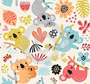 Cute pattern with koalas, flowers and branches