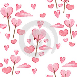 A cute pattern with a pink lollipop in the form of a heart on a light background. Delicate watercolor pattern for