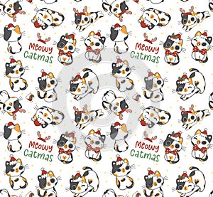 Cute pattern seamless background funny Santa Calico kitten cats Christmas animal cartoon doodle drawing isolated on white