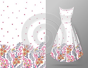 Cute pattern in small flowers and herbs. Seamless vertical background. An example of the pattern of the dress mock up photo