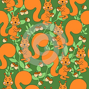 Cute pattern with squirrel, leaves and nuts