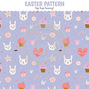 Cute pattern with sweets, cupcakes, bunnys, hearts photo