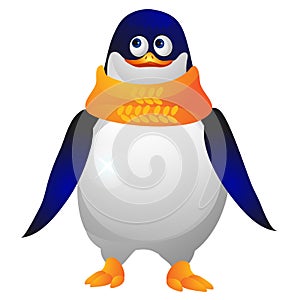 Cute paunchy penguin in a yellow knitted scarf isolated on a white background. Sketch of Christmas festive poster, party