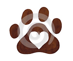 Cute paw with heart brown icon. Hand drawn watercolor illustration