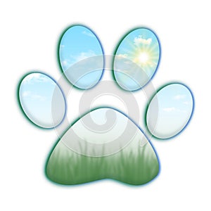 Cute paw print with sky clouds and grass with sunshine on a white background