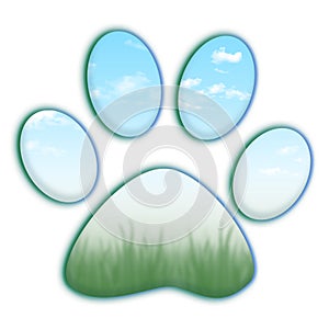 Cute paw print with sky clouds and grass on a white background